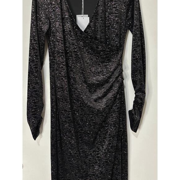 Misa Setarah Metallic Faux-wrap Midi Dress Black Shimmer Size Large NWT Sheath - Picture 6 of 14